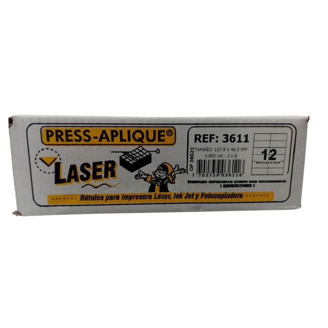 press aplique 107.9 x 46.5 caja laser x 4800u.  ref: 3611 