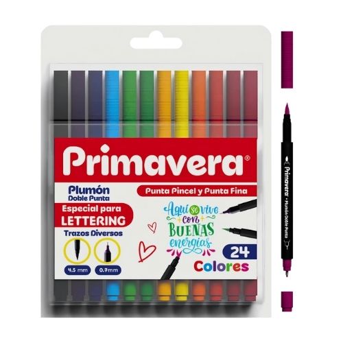 Plumon Primavera Doble Punta (Pincel Y 0.7mm) X24 Colores