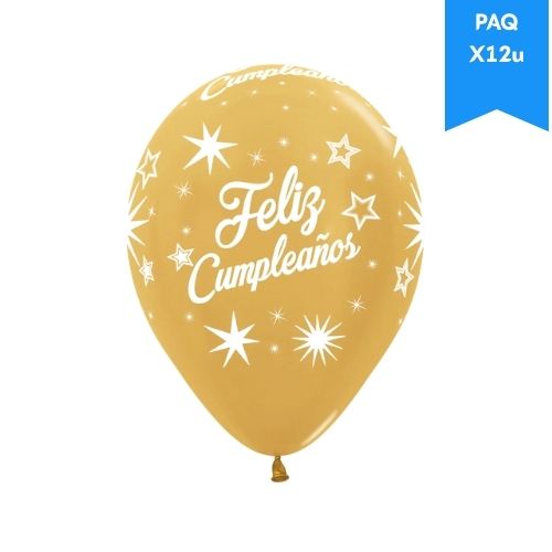 Globos Feliz Cumpleanos Paq X12u Dorado R-12 Sempertex