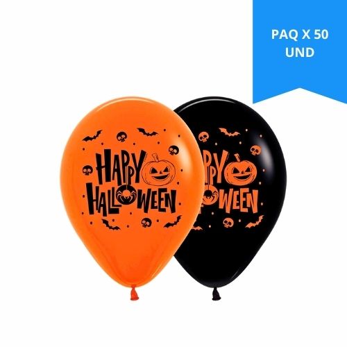 Globos Happy Halloween Naranja Negra X50u R-12 Sempertex