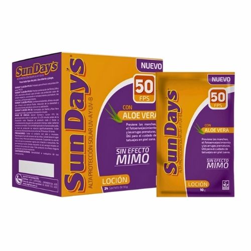 Bloqueador Sun Days Spf 50 Aloe Sobre 10 Gr Caja  X24